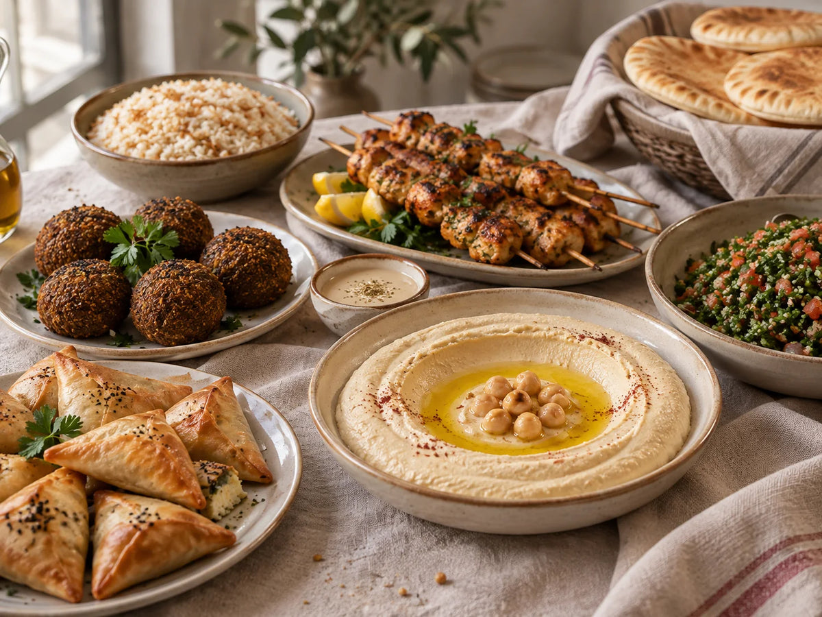 Table libanaise avec houmous, falafels, taboulé, brochettes de poulet, riz et pains