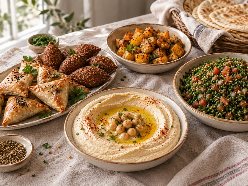 Buffet libanais avec houmous, taboulé, pommes de terre dorées et assortiment de beignets