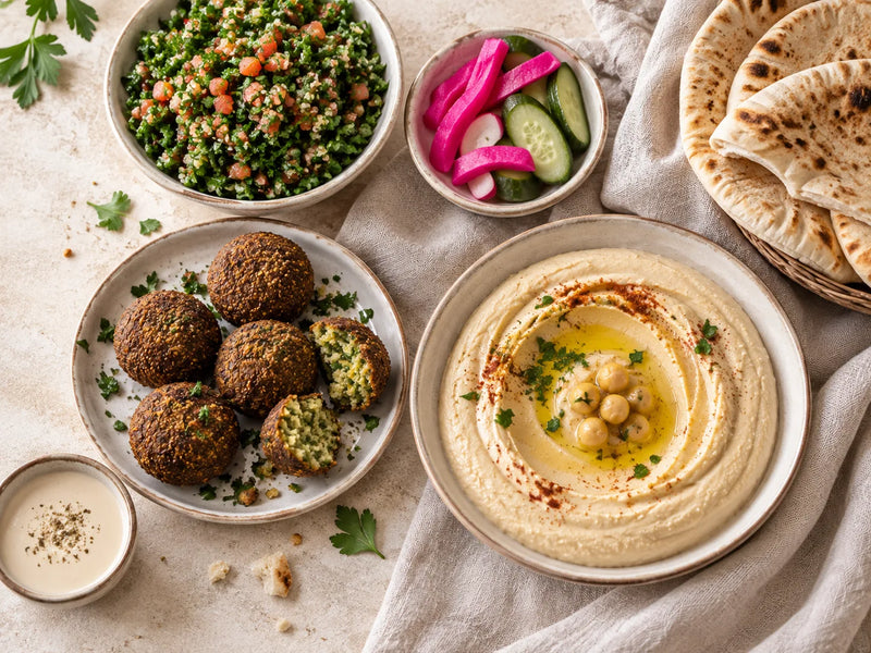 Mezzés à partager : houmous, falafels, taboulé, légumes marinés et pains