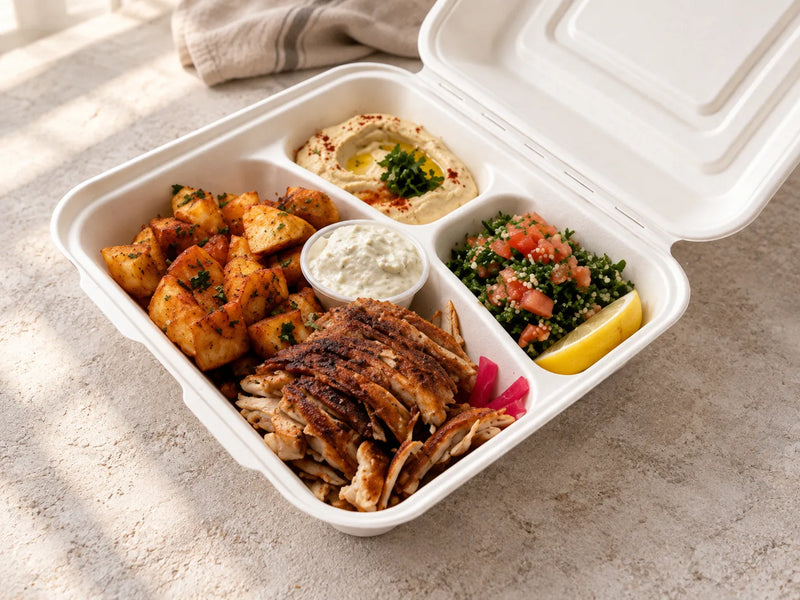 Plateau-repas avec poulet shawarma, pommes de terre, houmous, taboulé et sauce